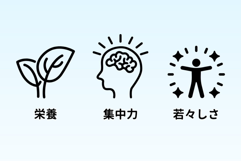 スピルリナがもたらす3つのメリット（栄養補給・集中力アップ・若々しさ）を象徴するアイコン画像。