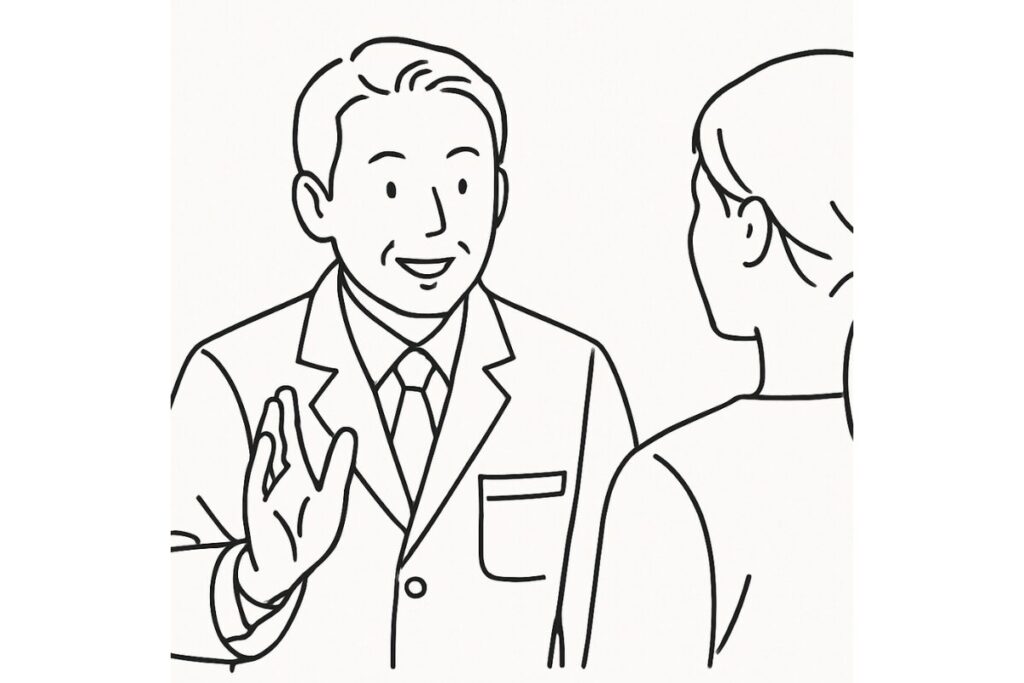 マグネシウム摂取の注意点を説明するイラスト。白衣を着た医師が、患者にアドバイスをしている様子。サプリメントを始める前に、専門家に相談することの重要性を示唆している。